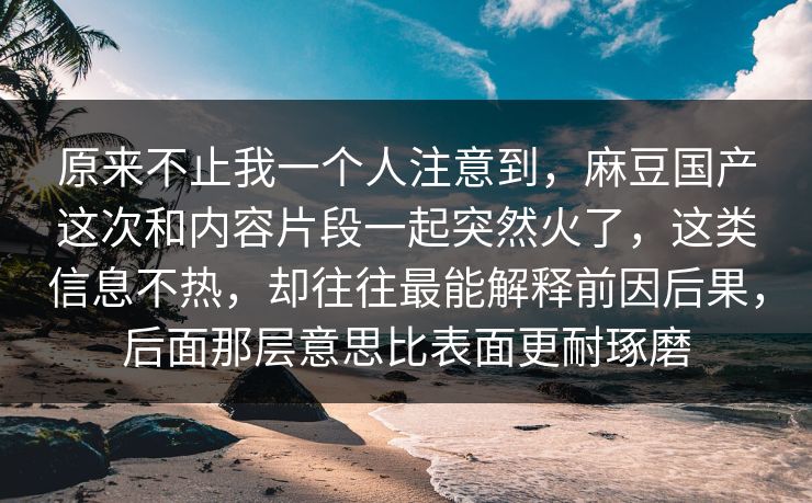 原来不止我一个人注意到，麻豆国产这次和内容片段一起突然火了，这类信息不热，却往往最能解释前因后果，后面那层意思比表面更耐琢磨  第1张